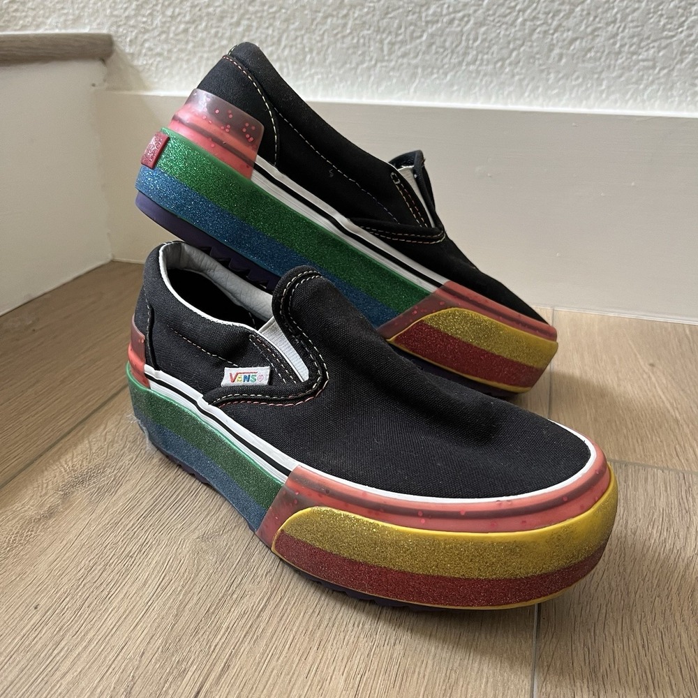 Vans Classic Slip-On Stacked Platform Rainbow Glitter Shoes Women's 5 Men's 3.5